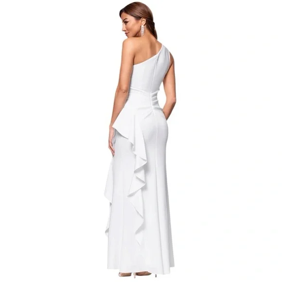 Exscape Flo One Shoulder Ruffle Dress Ivory Formal Spring Summer Event Size 16 - Picture 2 of 9